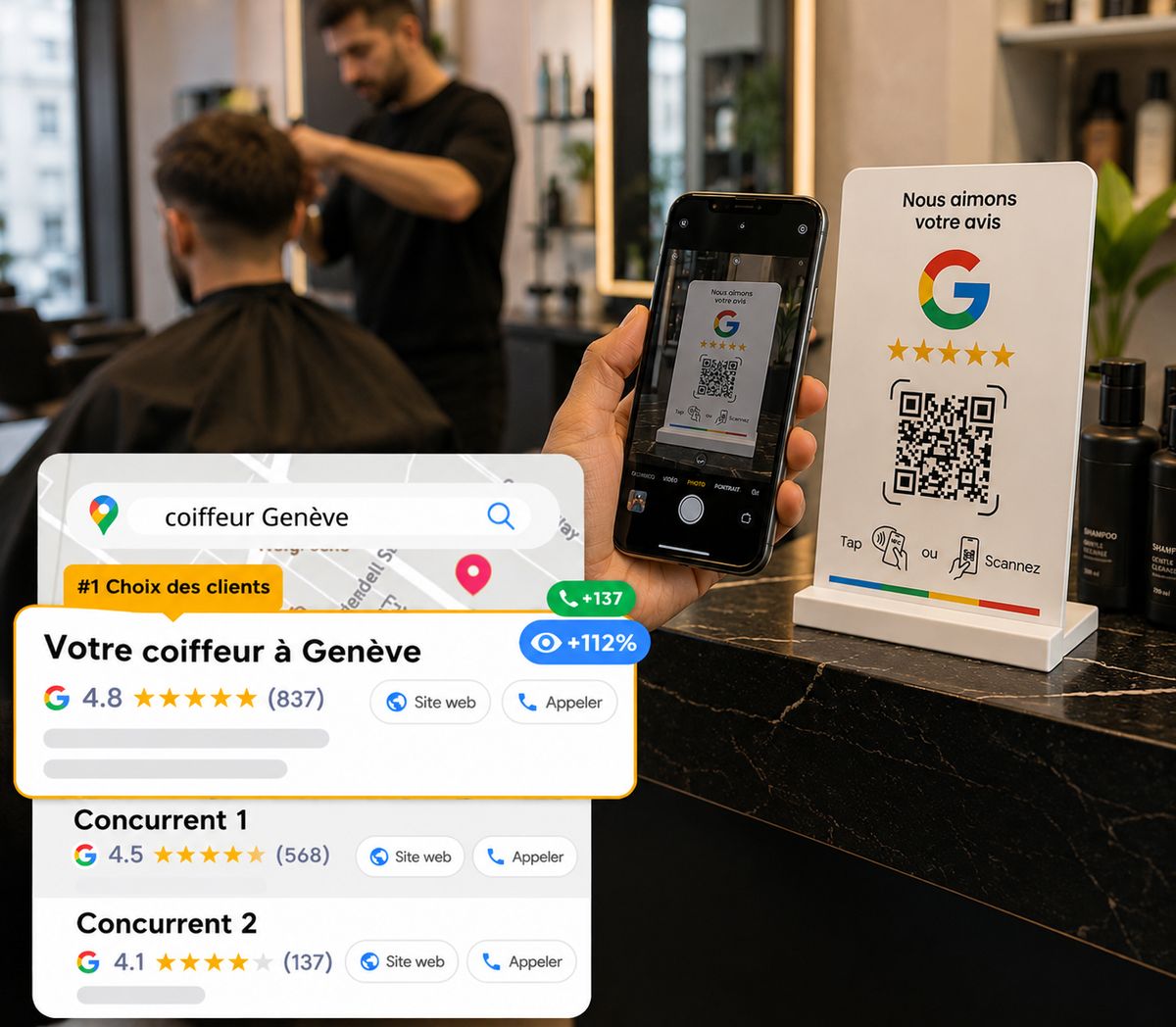 Un salon de coiffure passe #1 des résultats Google grâce aux avis collectés via le support NFC et QR code « Nous aimons votre avis »