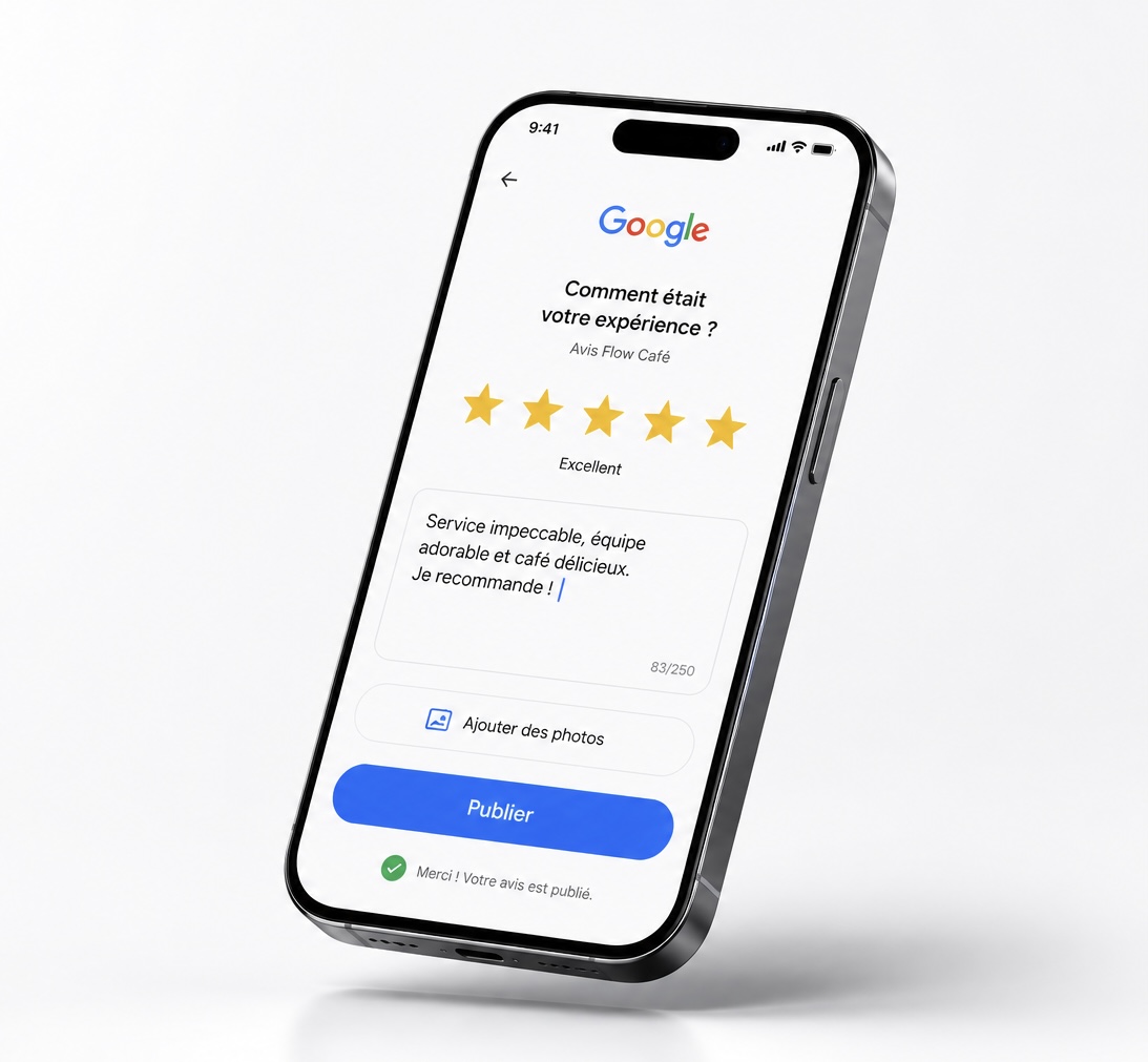 Un avis 5 étoiles rédigé et publié sur Google